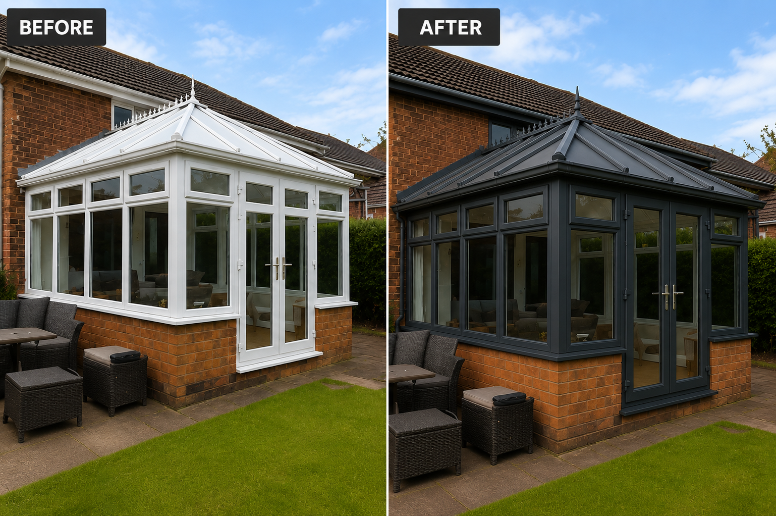 Conservatory spraying before and after Anthracite Grey transformation in London and Surrey